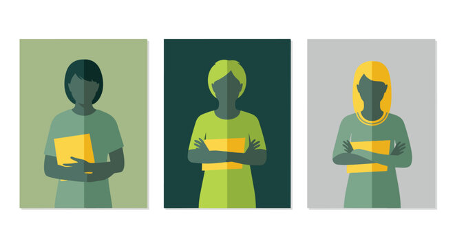 Flat vector set of three diverse women avatars with crossed arms holding books, split two-tone design, concept for women's empowerment, workplace diversity and educational advocacy.