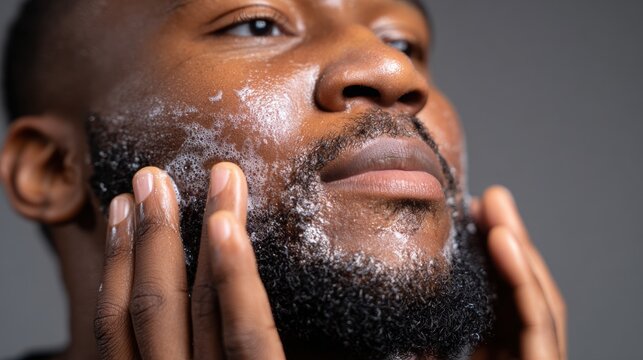 African American male applying beard grooming product to his facial hair while gently massaging it into his skin against a neutral background