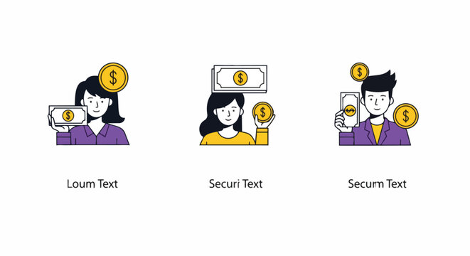 Minimal flat vector illustrations of three people holding dollar coins and banknotes on white background, perfect for fintech apps, financial education materials, and personal finance blogs.