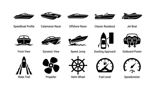 Speedboat and marine icons showing boat profiles and controls