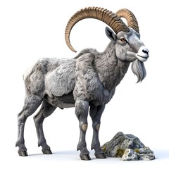 Obraz premium 3d cartoon ibex with curved horns, rocky mountain stance, grayish fur and strong body. 