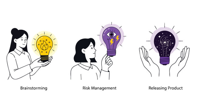 Modern flat line art vector set of business concept illustrations with women holding symbolic lightbulbs, perfect for startup presentations, corporate training and business strategy resources.