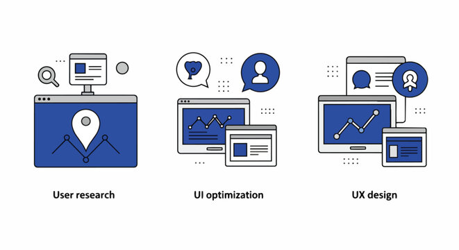 Modern digital interface screens displaying user research, UI optimization, and UX design elements, concept for website development, software engineering and digital product strategy.
