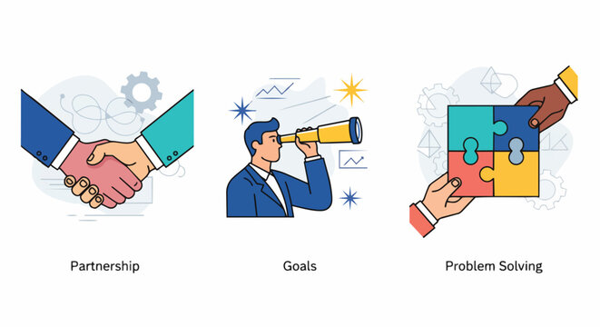 Modern flat vector set featuring partnership handshake, businessman with telescope, puzzle icons, concept for business consulting, team collaboration and corporate training.