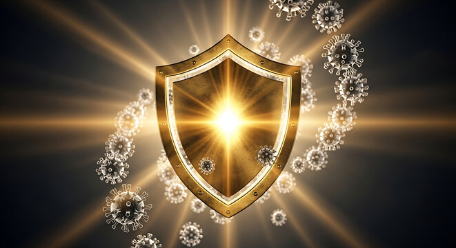 Golden shield radiating light, defending against microscopic viruses, symbolizing protection and immunity