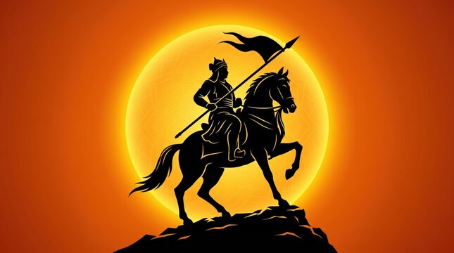 Heroic silhouette of an indian warrior king on horseback with a flag against a large radiant golden maharana pratap