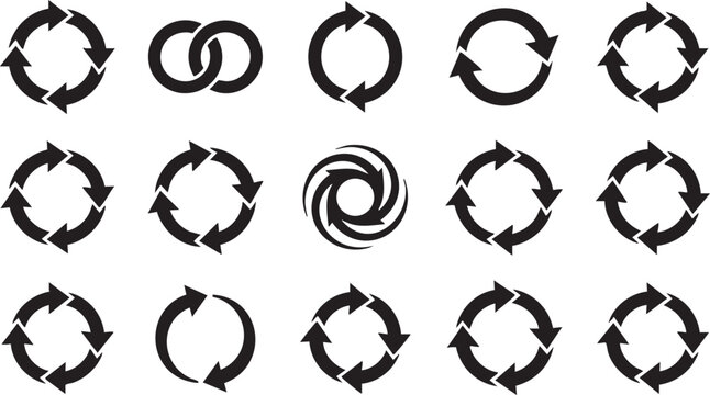 Set of black arrow circles and refresh icons, various rotation and reload symbols over transparent background.