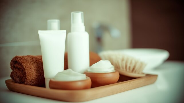 postbiotics. Skincare products and accessories arranged elegantly with soft focus. lifestyle magazines, social media lookbooks, designed for lifestyle magazines and social media content.