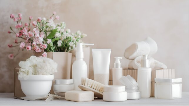postbiotics. Skincare products and accessories arranged elegantly with soft focus. lifestyle magazines, social media lookbooks, designed for lifestyle magazines and social media content.