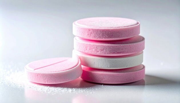 A stacked collection of compressed pink and white antacid tablets displaying a chalky texture on a clean surface, arranged in a cinematic widescreen composition for medical and health concepts.