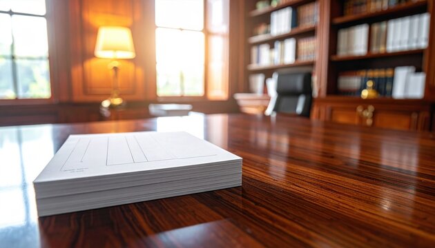 Stack of blank white prescription pads resting on a polished mahogany wooden desk in a warm and classic professional office setting, suitable for medical administration or clinic branding themes.