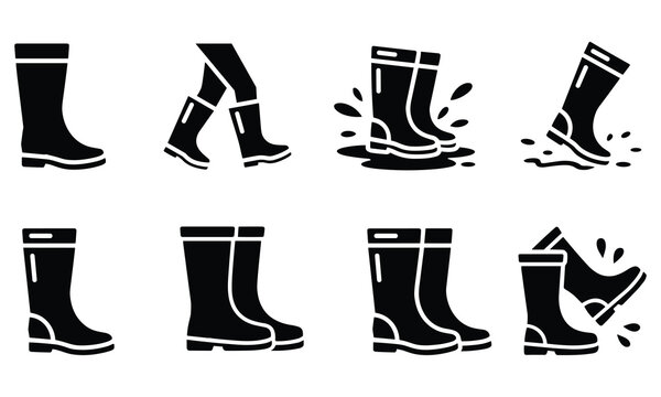 Cheerful set of black rubber boot icons showing splashing in puddles and walking with flat lighting on a white field.