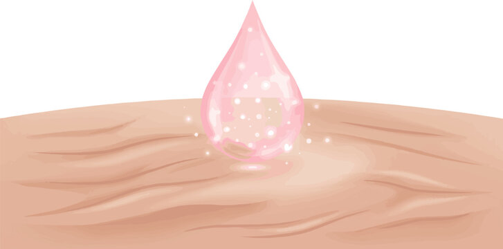 Create a realistic Pink Facial treatment collagen serum drop on saggy skin with particle of beautiful magic sparkling light. skin care and wrinkle remove concept. vector art white background..