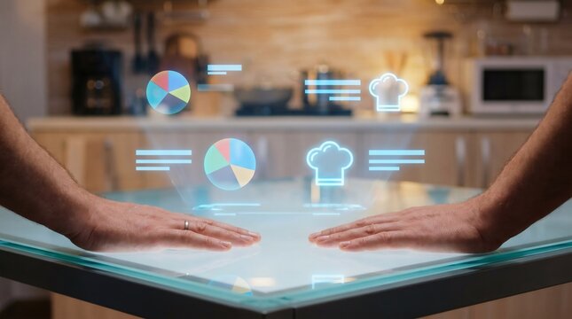 Two people interacting with holographic cooking and data projections on a futuristic glass table in a modern kitchen.