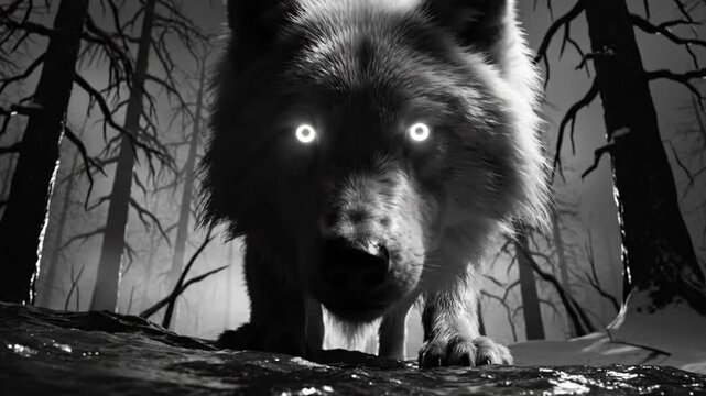 ominous wolf with glowing eyes emerges from the dark forest in a scary scene