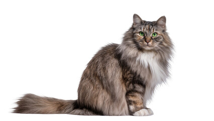 Obraz premium Fluffy gray tabby cat with long fur and green eyes sitting