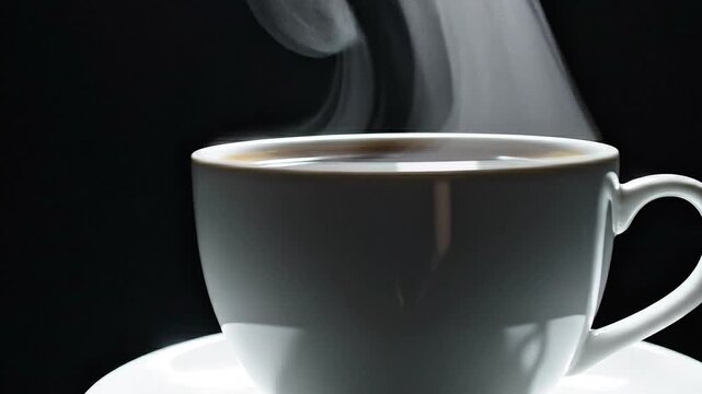 Steaming hot coffee cups on saucers with rising vapor