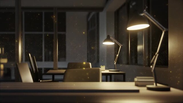 夜の誰もいないモダンなオフィスと輝く黄金の粒子。残業や静寂、インスピレーションの背景映像