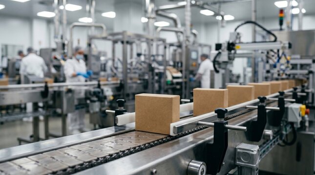 Automated assembly line with cardboard boxes moving on conveyor belts in a factory