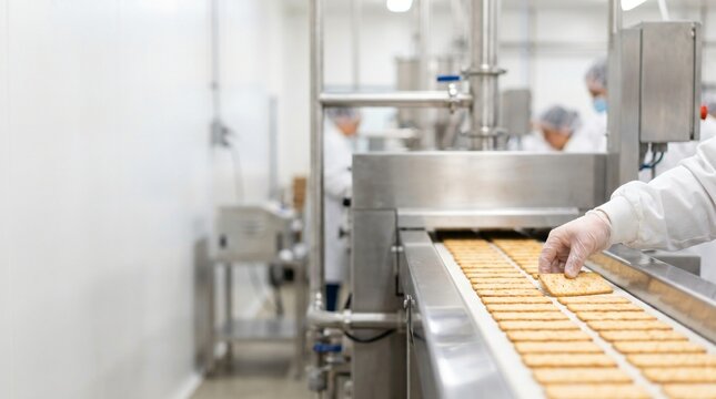 Worker wearing gloves and lab coat inspects rectangular crackers on an industrial conveyor belt
