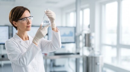 Fototapeta premium Scientific discovery: A focused female researcher in a white coat examining a flask in a modern laboratory with copy space.