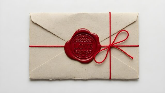 Vintage love letter in craft paper envelope, red wax seal with LOVE text and string bow, romantic wedding invitation and valentine card