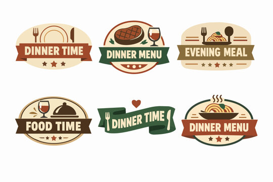 Collection of dinner, food, and evening meal labels with retro restaurant style badges