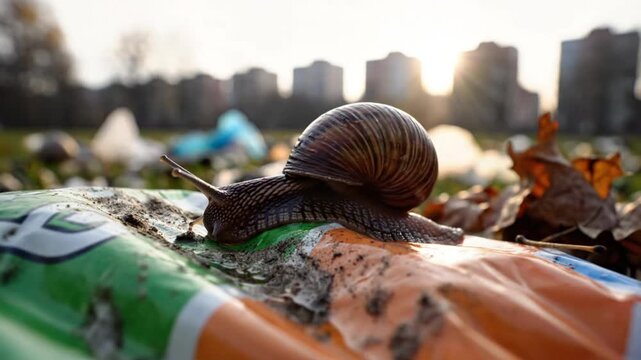 Low angle shot of snail crawling on colorful plastic waste with a backdrop of urban buildings during sunset