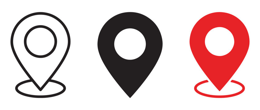 Set of three location pin map markers in outline solid black and red colors for navigation design