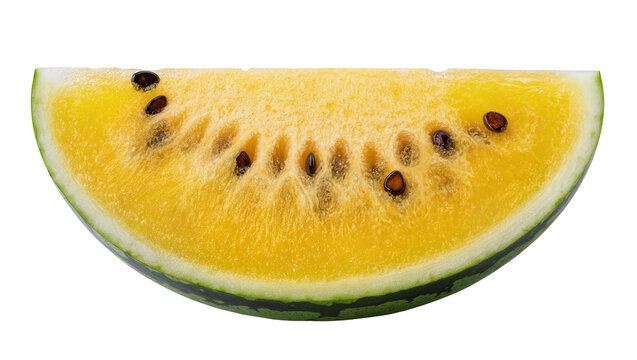 Yellow Watermelon Slice with Dark Seeds and Green Rind