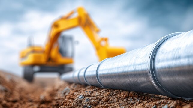 Excavator machinery working on construction site with large metal pipes laid on ground, blurred background of heavy equipment and cloudy sky