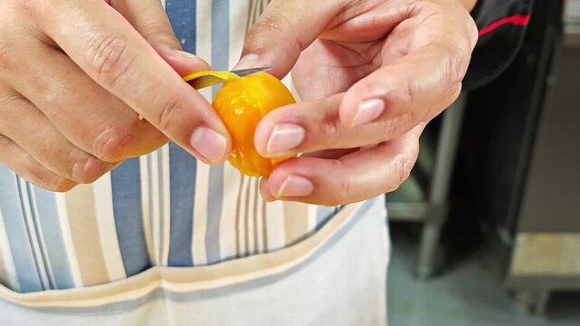 Step of preparation for traditional Thai royal dessert using fresh fruits.