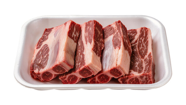 Raw marbled beef ribs in styrofoam tray