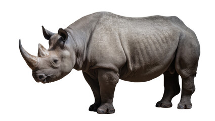 Fototapeta premium Gray African Rhinoceros Standing Profile with Large Horns and Wrinkled Skin