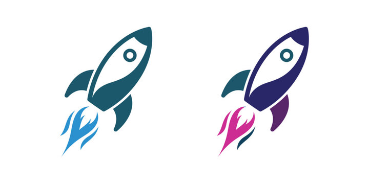 Two stylized rockets launching with colorful flames spaceship exploration