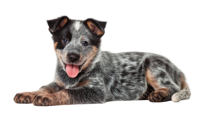 Blue Merle Australian Cattle Dog Puppy Lying Down with Open Mouth