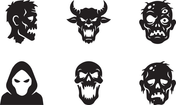 Halloween Horror Monster and Zombie Head Silhouette Set