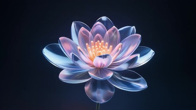 ゆっくりと開花する半透明なガラスの花。美と成長、内なる輝きとイノベーションを象徴する抽象映像