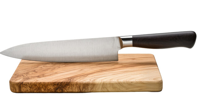 Stainless steel chef s knife resting on rustic olive wood cutting board