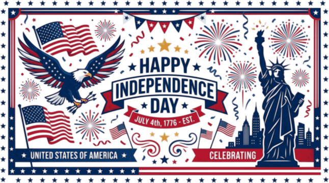 Flat vector USA Independence Day banner. American flag elements, fireworks, bald eagle, stars and stripes, Statue of Liberty silhouette. Red white blue on white background.