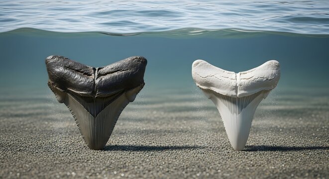 Two Fossilized Shark Teeth on Sandy Seabed Underwater.