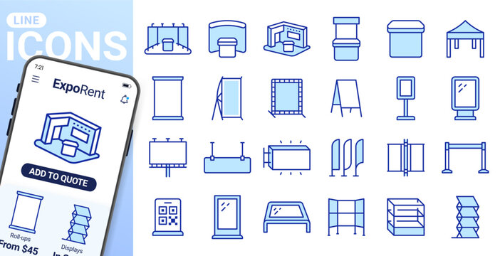 Exhibition, advertising stand line icons set. Booth, banner, billboard, trade show tent, digital totem flat minimal vector illustrations. Simple outline signs. Blue duotone color, Editable Stroke.