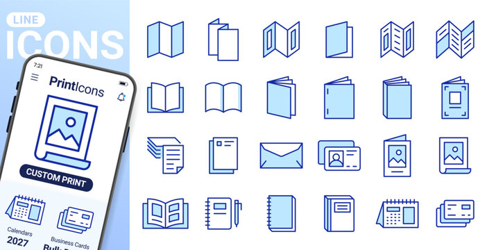 Book, print collateral line icons set. Brochure, catalog, flyer, envelope, letterhead flat minimal vector illustrations. Simple outline signs for publishing house. Blue duotone color, Editable Stroke.