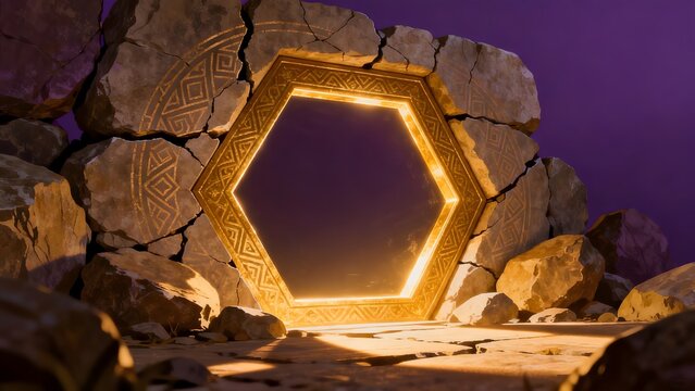 Ancient stone portal with glowing hexagon