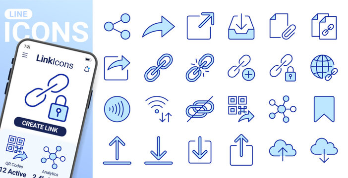 Link share line icons set. Hyperlinks, download, upload, cloud storage, QR code, secure attachment flat minimal vector illustrations. Simple outline ui signs. Blue duotone color, Editable Stroke.