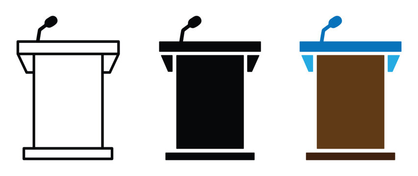 Set of three podium icons with microphones for public speaking events and business conferences