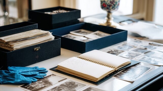 Archive workspace with vintage photographs spread across table, open album, archival boxes, blue gloves, labels and magnifier under soft window light archivist cataloging and digitizing family records