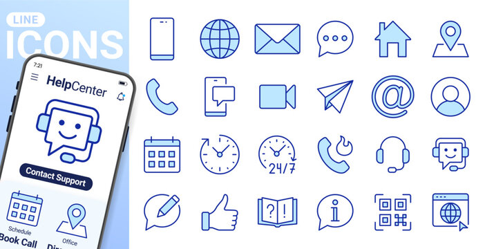 Contact us, customer support line icons set. Telephone, email, chatbot, 24 7 service, FAQ, location flat minimal vector illustrations. Simple outline ui signs. Blue duotone color, Editable Stroke.