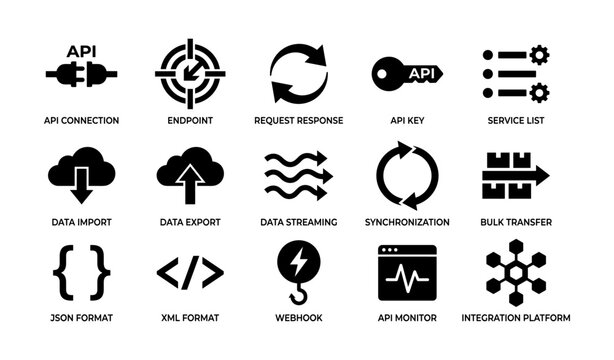 Api integration icons illustrating functions on white background