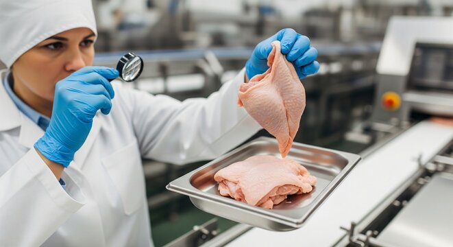 Food quality inspector examining raw chicken meat with a magnifying glass in a processing facility
